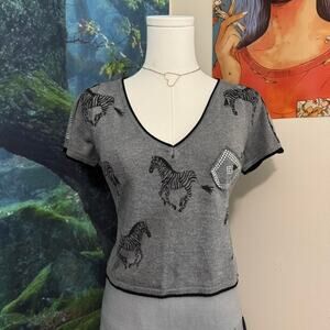 y2k zebra print rhinestone crop top gray v neck edgy glam